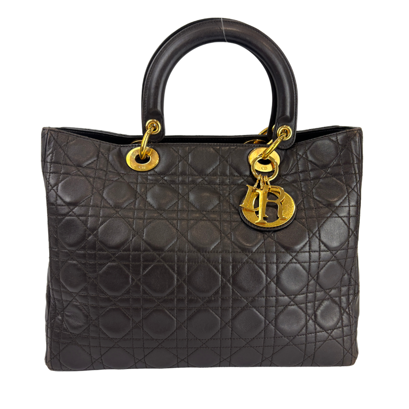 Vintage Large Lady Dior in dark brown Cannage lambskin with gold hardware, a pre-owned bag at Glampot Malaysia