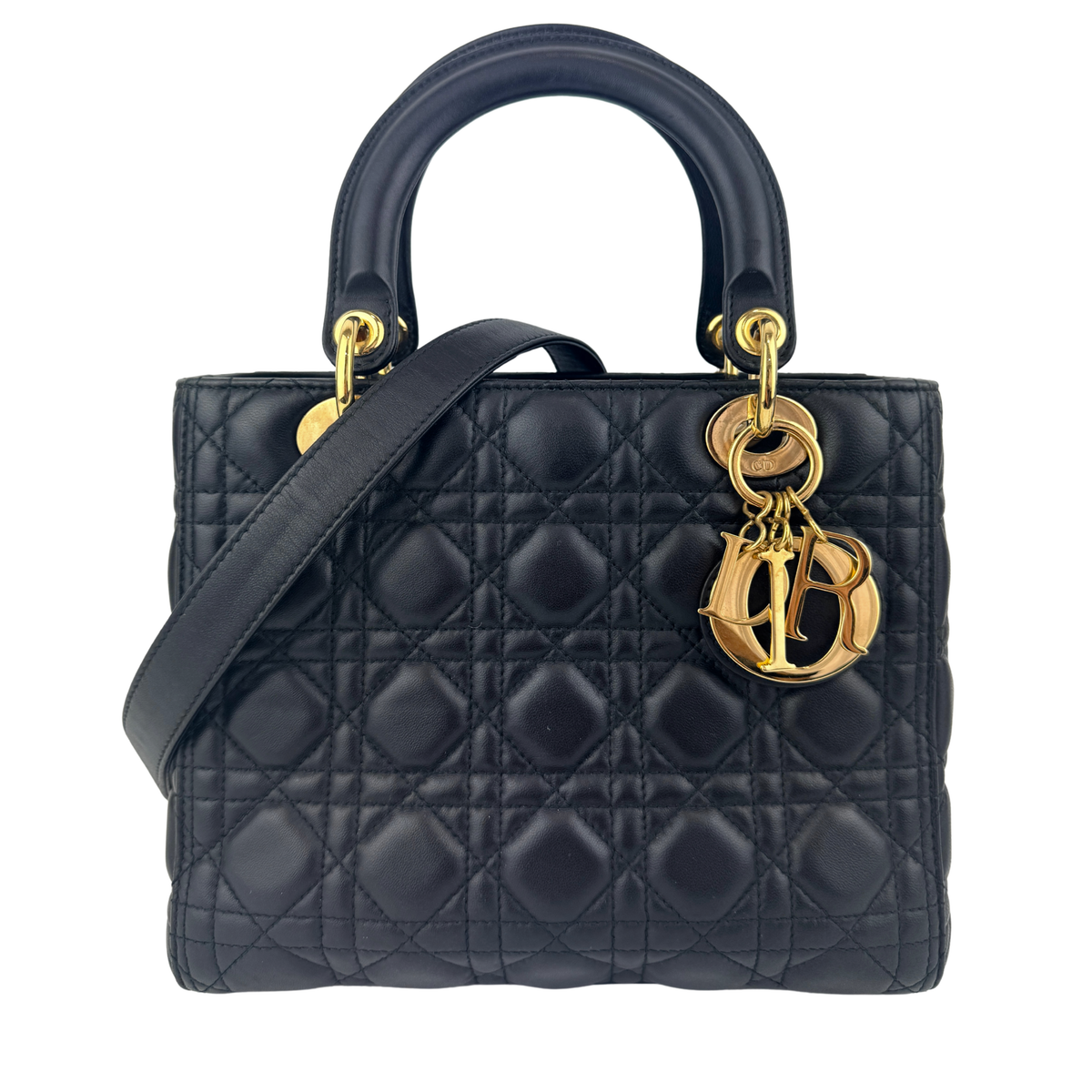 Medium Lady Dior in black Cannage lambskin with gold hardware, pre-owned at Glampot Malaysia