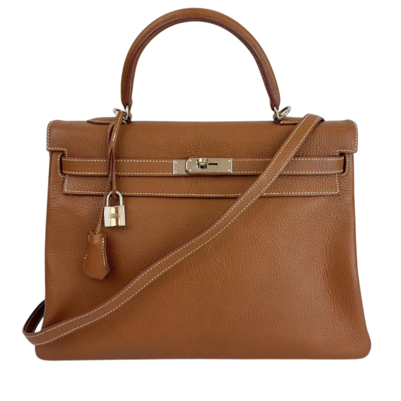 Hermès Kelly 35 Retourne in Gold chèvre Mysore with palladium hardware, a pre-owned designer bag authenticated at Glampot, Mid Valley Megamall Kuala Lumpur
