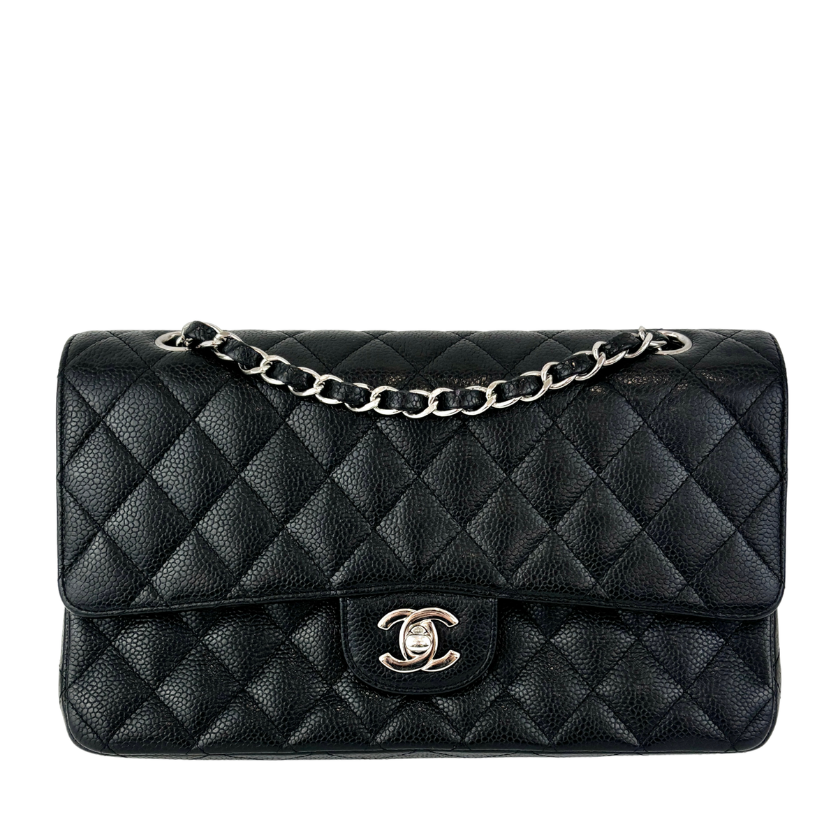 Chanel Medium Classic Flap in black caviar with silver hardware, authenticated pre-owned at Glampot Malaysia