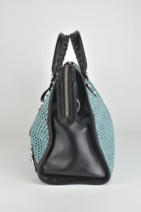 Black/Blue Woven Raffia Medium City Classic Bag