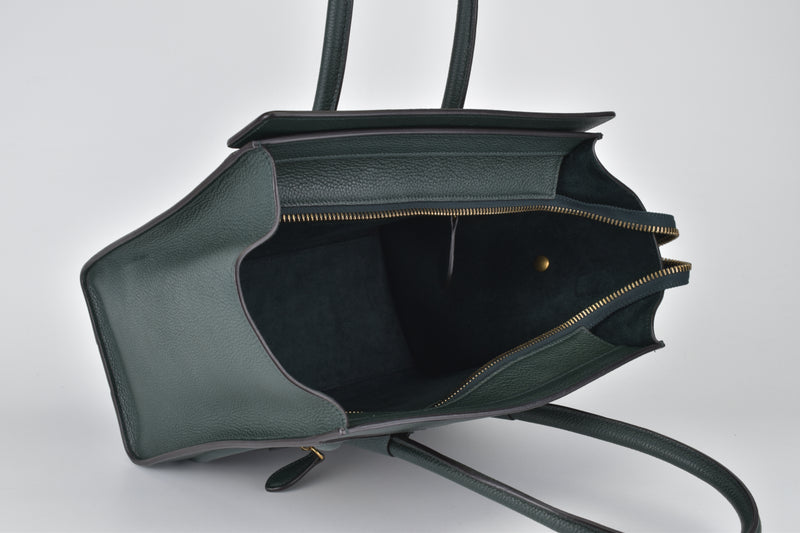 Pine Green Grained Calfskin Leather Micro Luggage Tote Bag