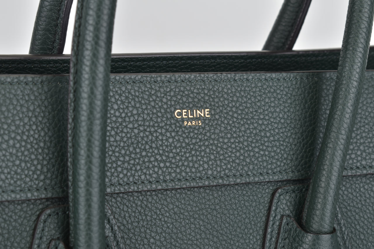 Pine Green Grained Calfskin Leather Micro Luggage Tote Bag