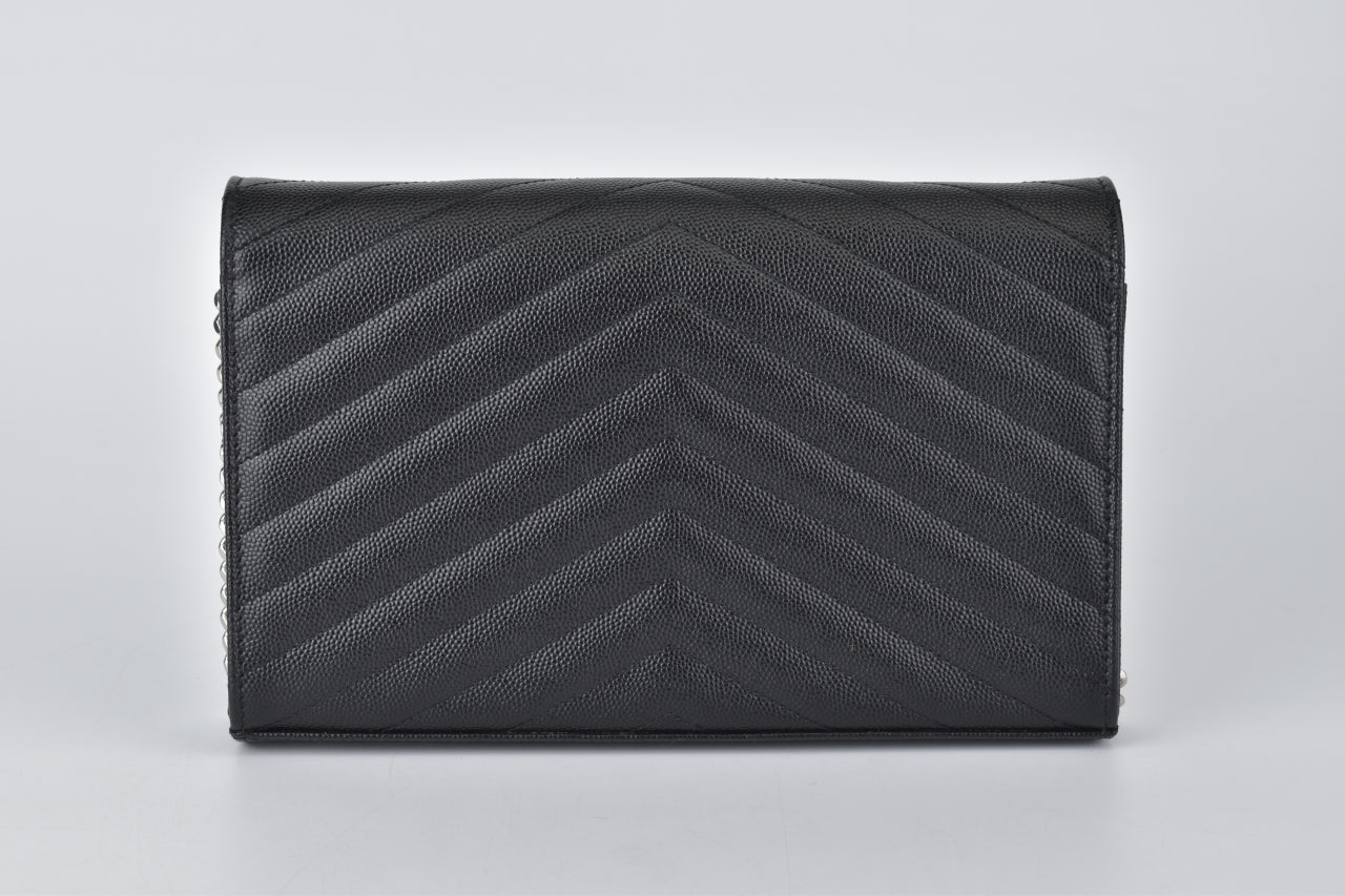 377828 Cassandre Large Wallet on Chain in Black Grain De Poudre Embossed Leather SHW