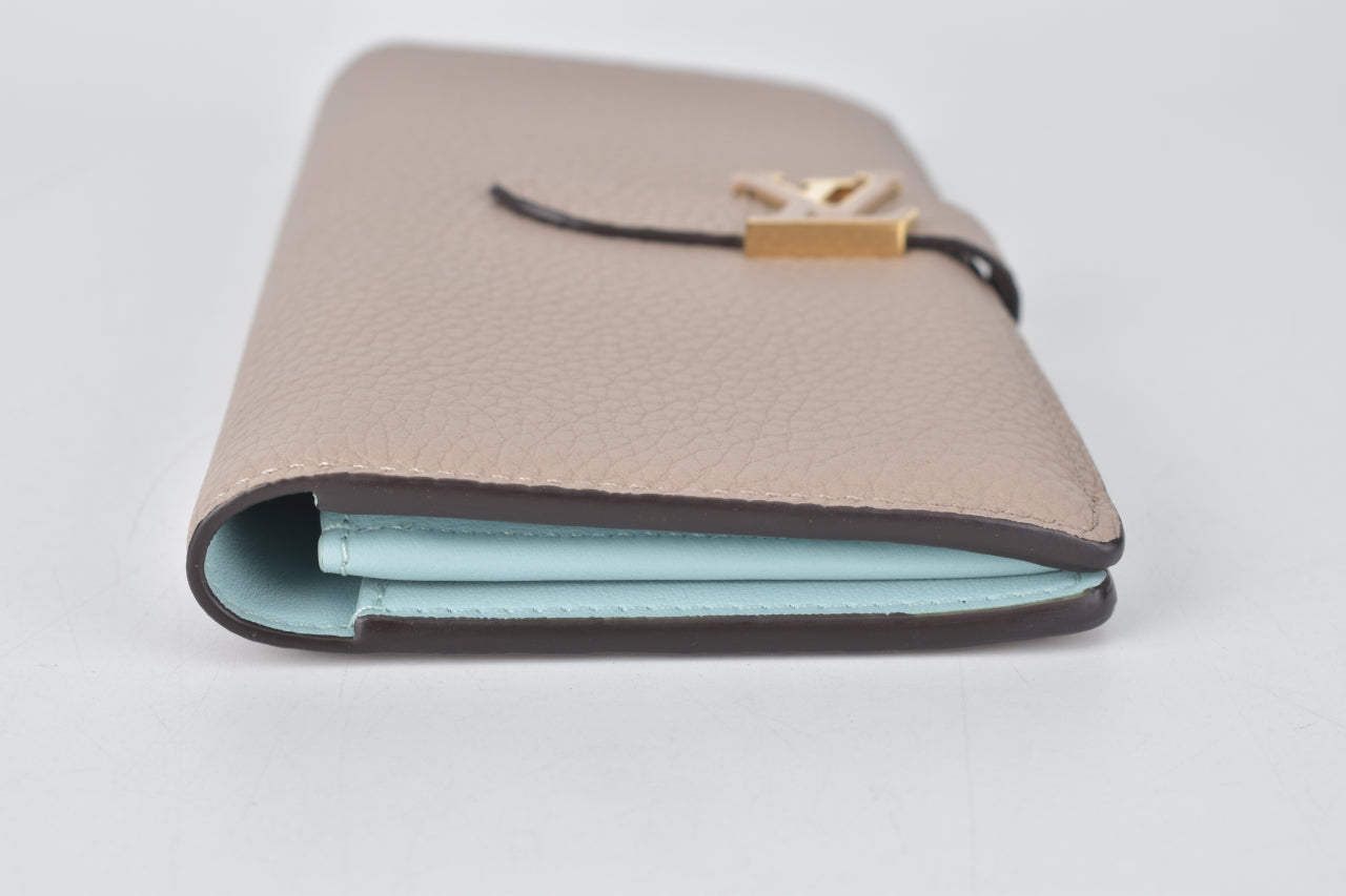 M81367 LV Vertical Wallet in Taurillon Leather Galet Beige / Aquamarine Blue