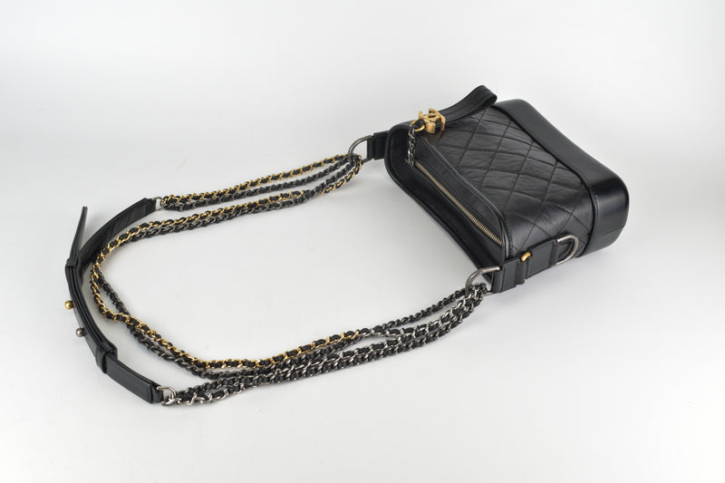 A91810 Small Gabrielle in Black with Aged Gold, Silver & Ruthenium Chain