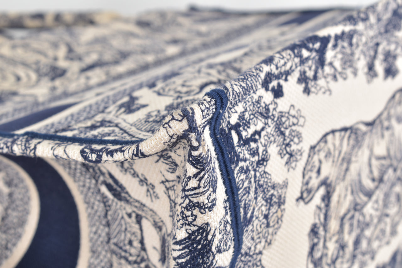 Blue/White Toile De Jouy Embroidered Canvas Medium Book Tote Bag