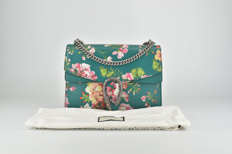 Bright Emerald Multicolor Calfskin Blooms Print Medium Dionysus Shoulder Bag