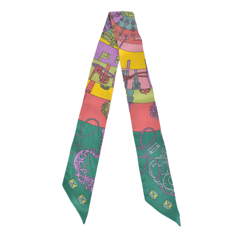 Les Celf Pink/Green/Pastels Indian Parade Silk Twilly Scarf (Pair)