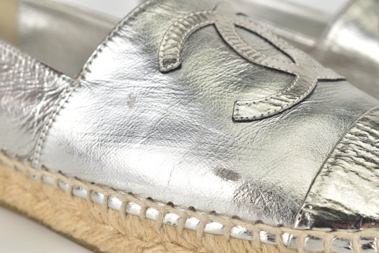 Silver Laminated Goatskin Leather CC Espadrille Flats
