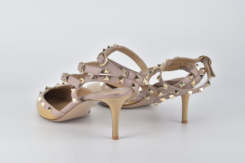 Patent Rockstud Caged Heels in Nude
