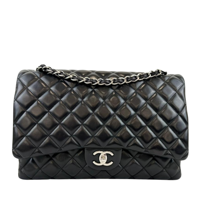 Maxi Classic Double Flap in Black Lambskin SHW