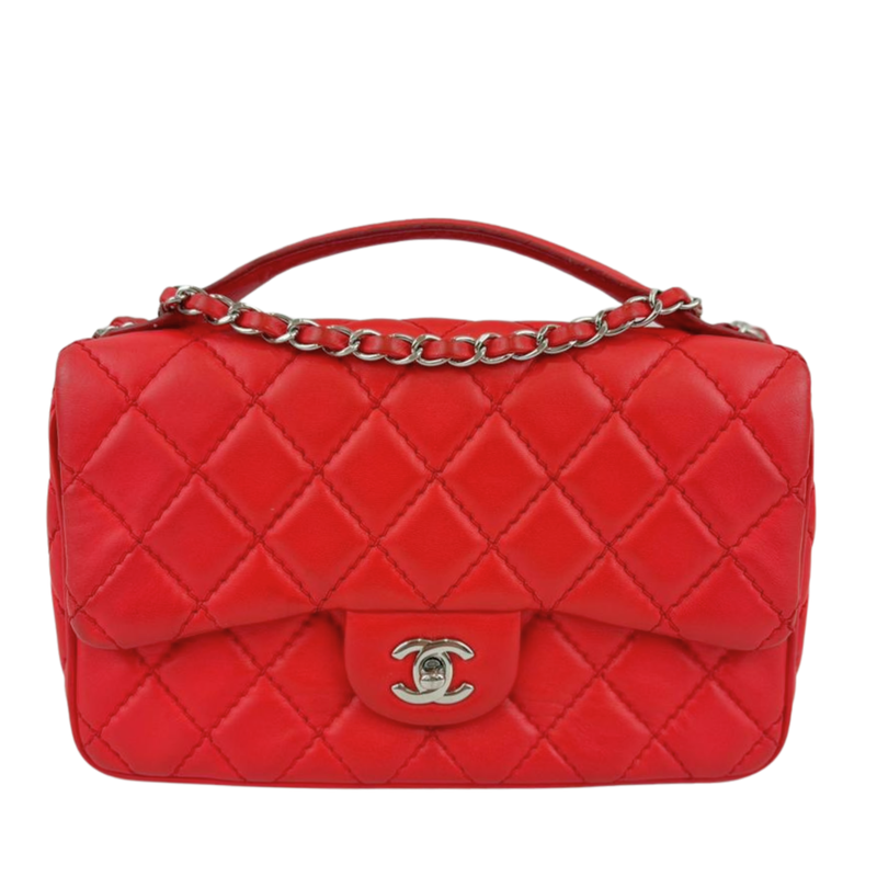 Easy Carry Quilted Coral Red Lambskin Leather Medium Classic Flap Bag