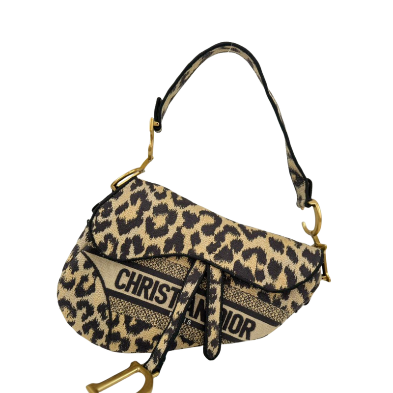 Medium Saddle Black / Cream Leopard Print Canvas Embroidered Saddle Bag