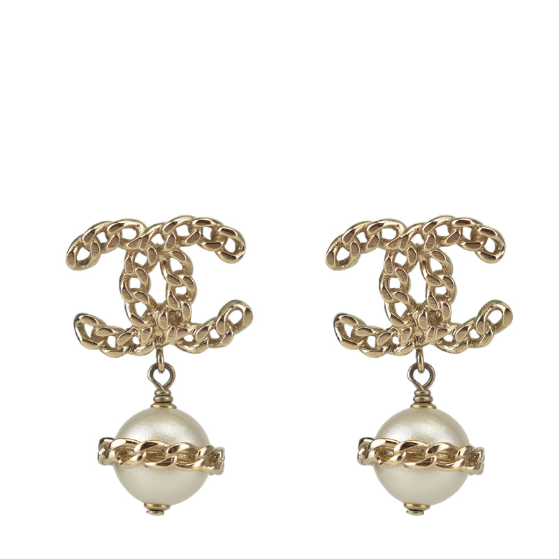 B17 Silver Chain Motif Faux Pearl Earrings