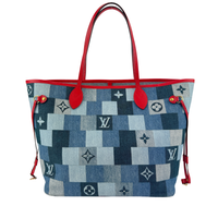 Neverfull MM NM Blue Rouge Damier Monogram Denim Patchwork Bag