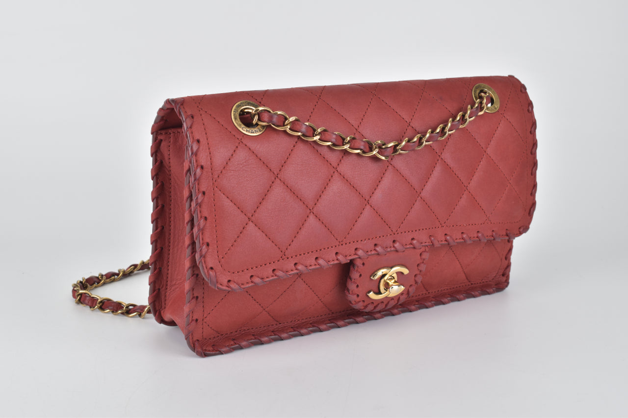 Happy Stitch Flap in Red Quilted Iridescent Calf Leather Medium