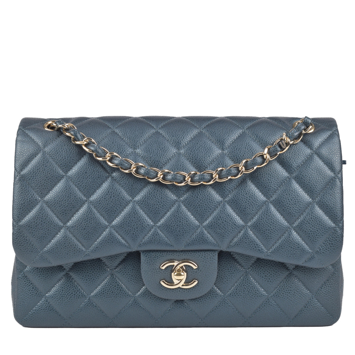 chanel 23B Grey Caviar Small Classic Flap with Champagne Gold Hardware. 