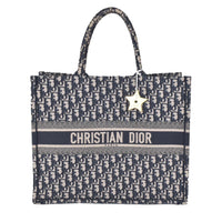 Large Book Tote in Ecru and Blue Dior Oblique Embroidery