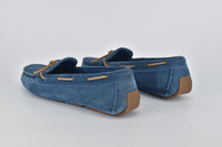 Blue Intrecciato Suede Bow Slip On Loafers