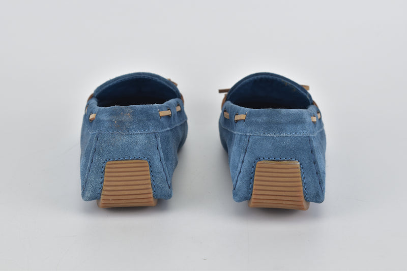 Blue Intrecciato Suede Bow Slip On Loafers