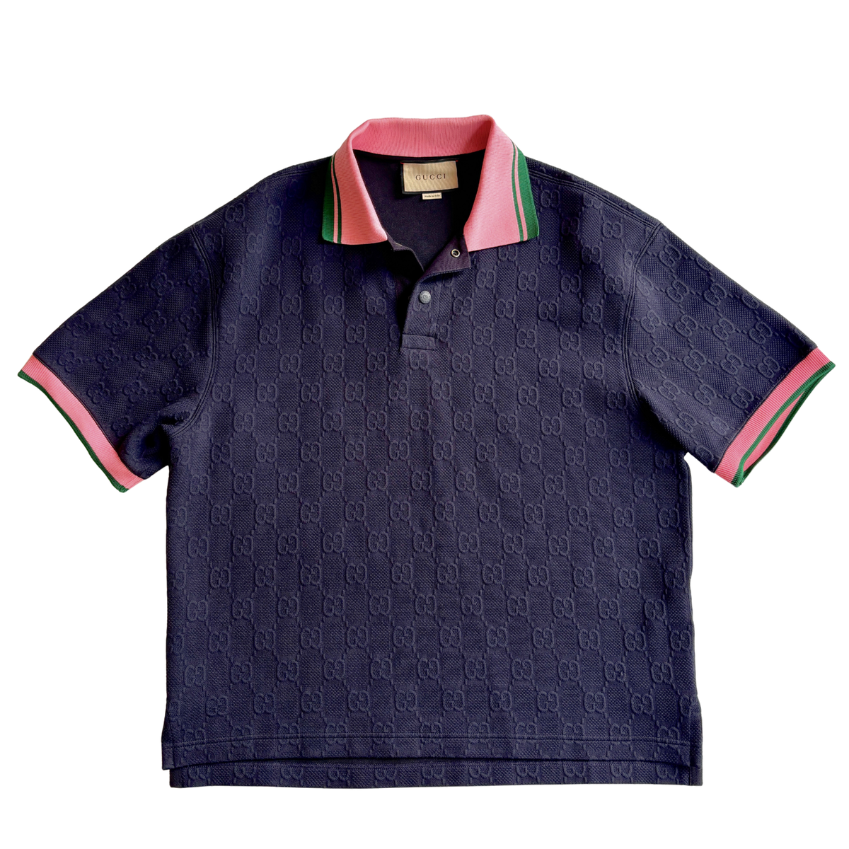 768579 GG Detail Jacquard Polo Shirt with Pink / Green Collar Size M