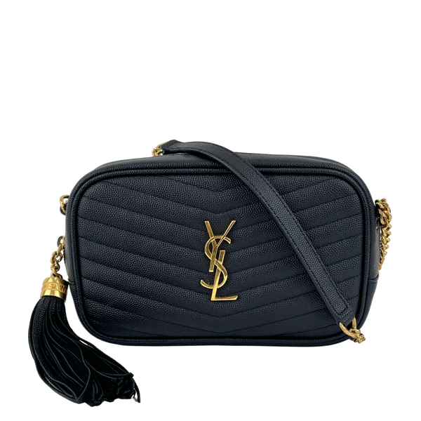 Saint Laurent Mini Lou Camera Bag in Black Chevron Quilted Grained Leather