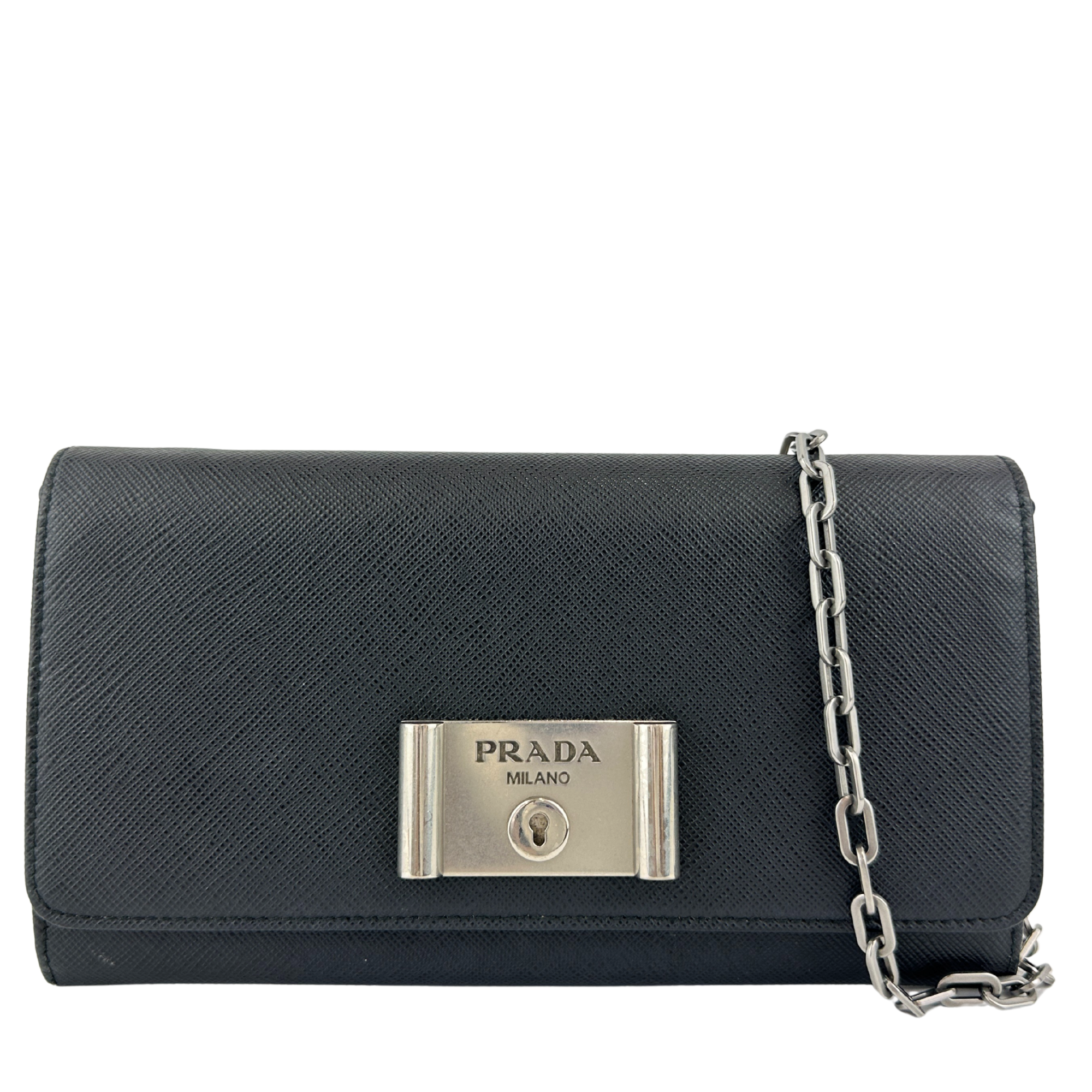 1MT440 Lock Black Saffiano Leather Wallet on Chain