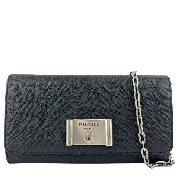 1MT440 Lock Black Saffiano Leather Wallet on Chain