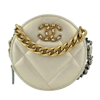 19 Iridescent Calfskin Quilted Round Clutch With Chain White Mixed Hardware