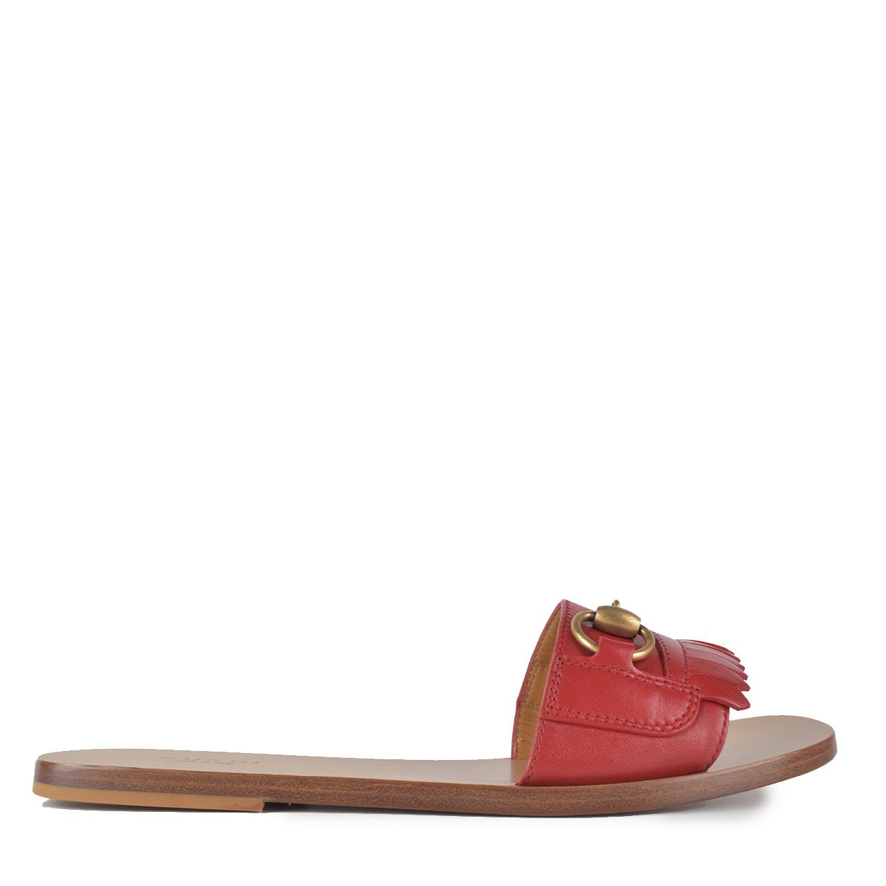 517017 Fringe Leather Horsebit Slides in Hibiscus Red Glampot