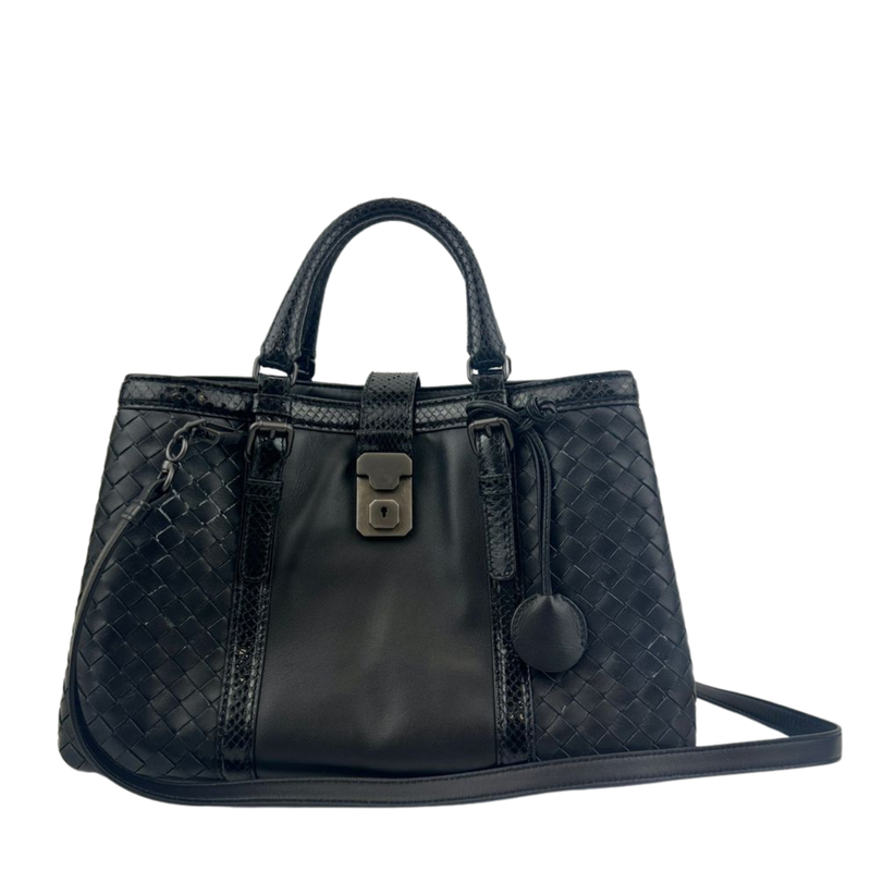 Medium Roma Black Intrecciato Woven Nappa Leather / Snakeskin Top Handle Bag
