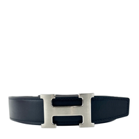 32mm H Brushed Palladium Belt Buckle & Etain Togo / Black Box 135 Reversible Leather Strap Size 90