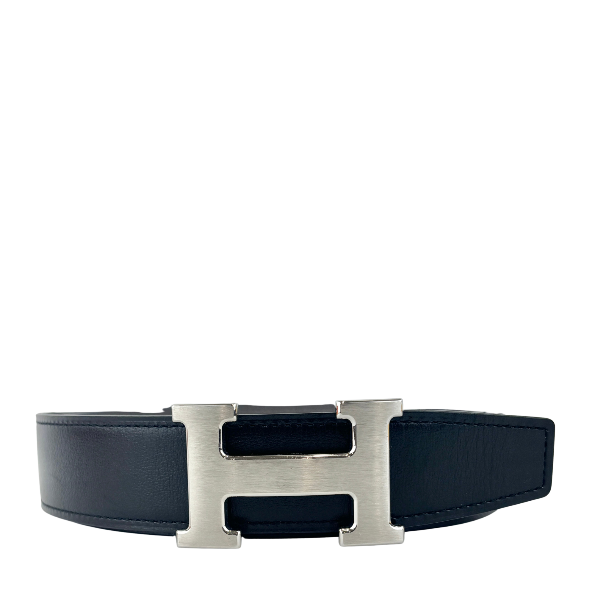32mm H Brushed Palladium Belt Buckle & Etain Togo / Black Box 135 Reversible Leather Strap Size 90