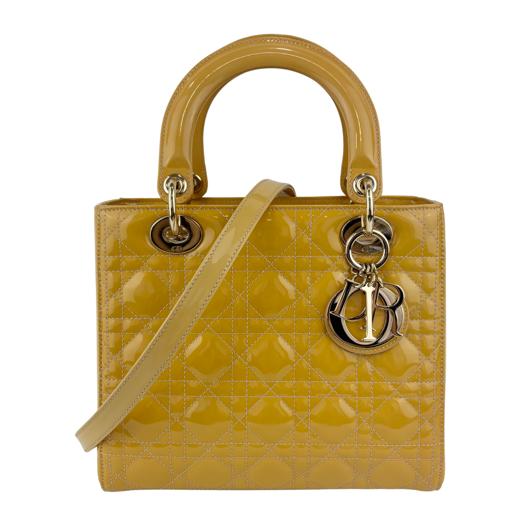Dior Medium Lady Dior Patent Yellow GHW