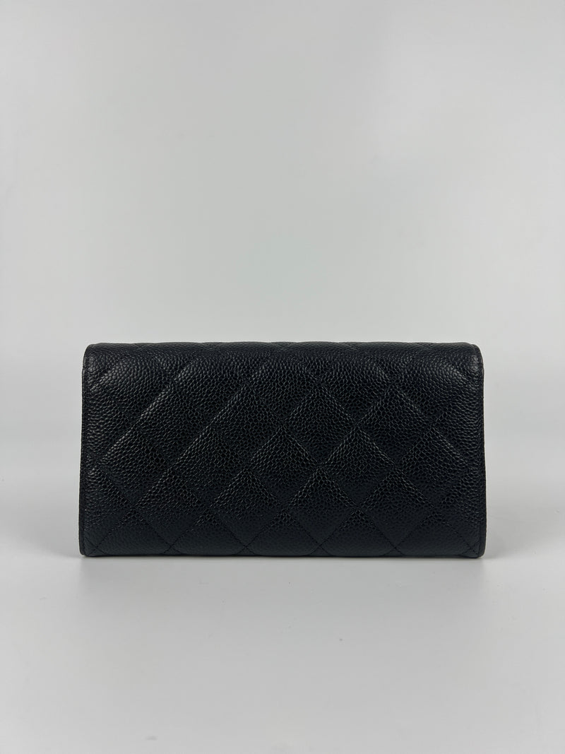 A50096 Classic Quilted Long Flap Wallet Black Caviar GHW