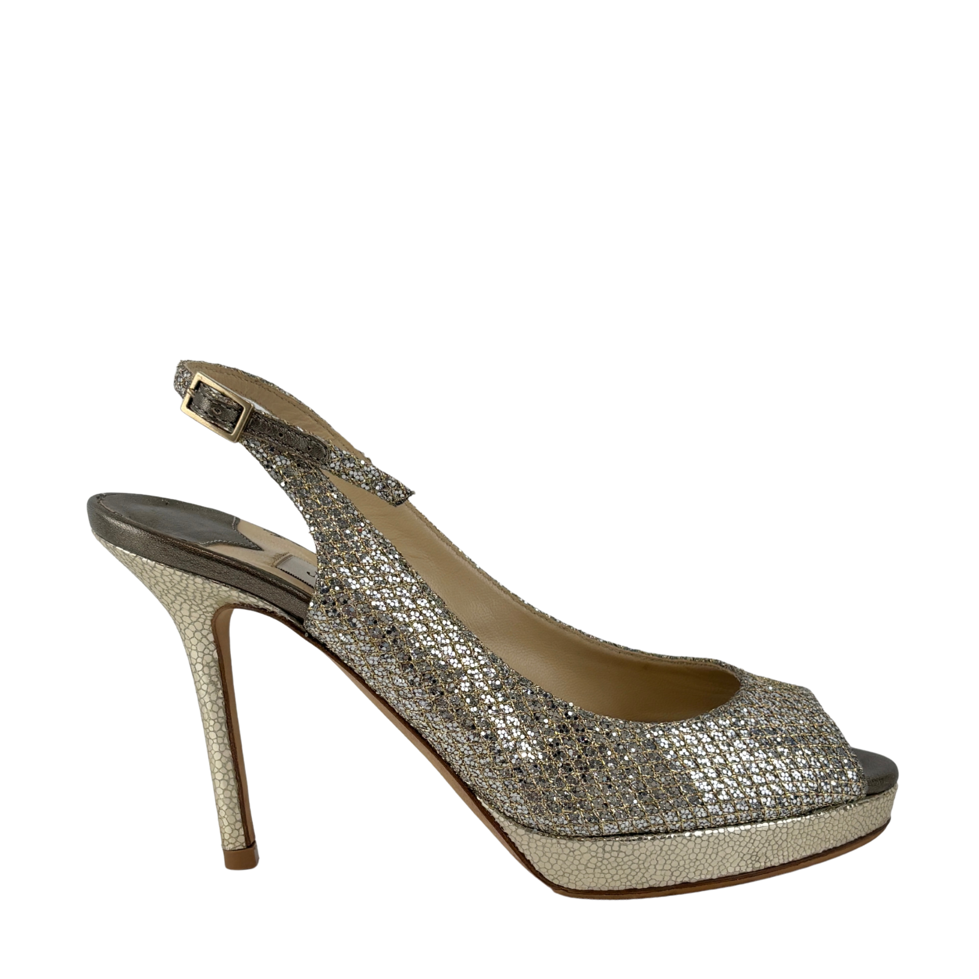 Evelyn Champagne Glitter Peep Toe Slingback Pumps Size 35.5
