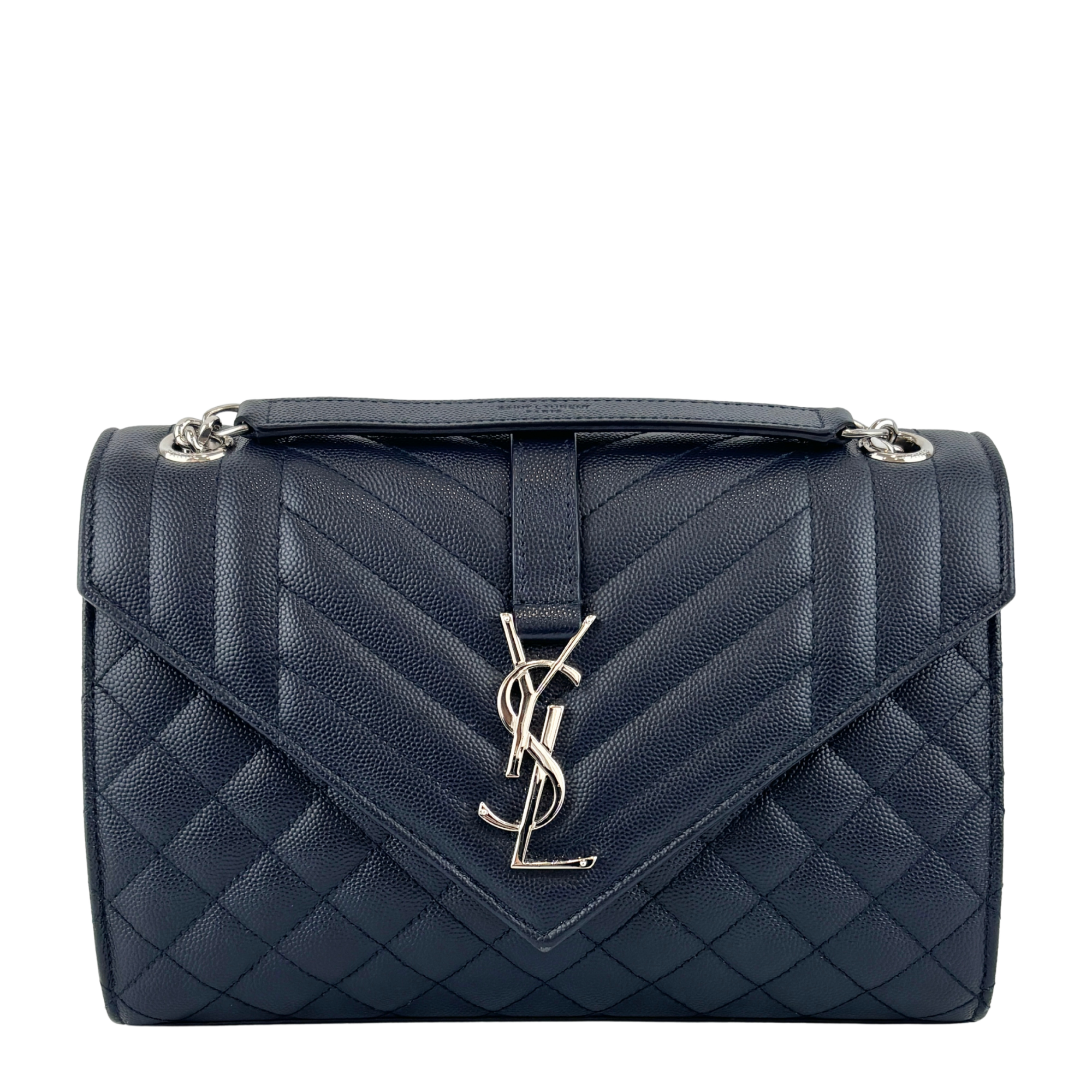 Saint Laurent Medium Envelope Bag in Navy Grain De Poudre SHW