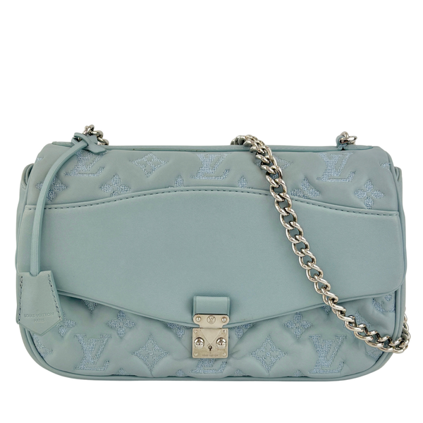 Mama Broderie Pochette Shoulder Bag in Light Blue Lambskin