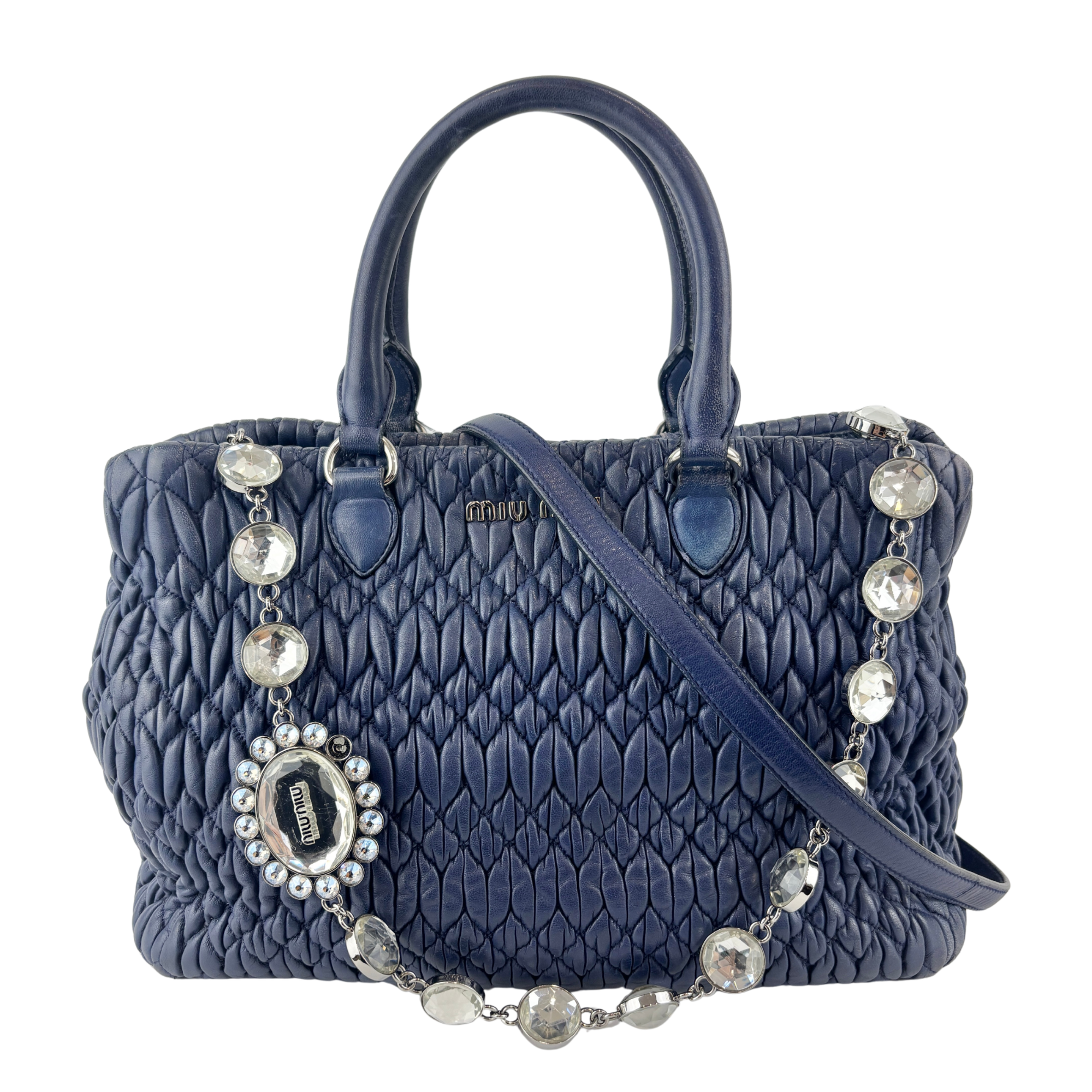 Matelasse Nappa Crystal Leather Small Tote Dark Blue