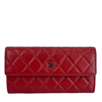 Quilted Long Flap Wallet Red Lambskin SHW