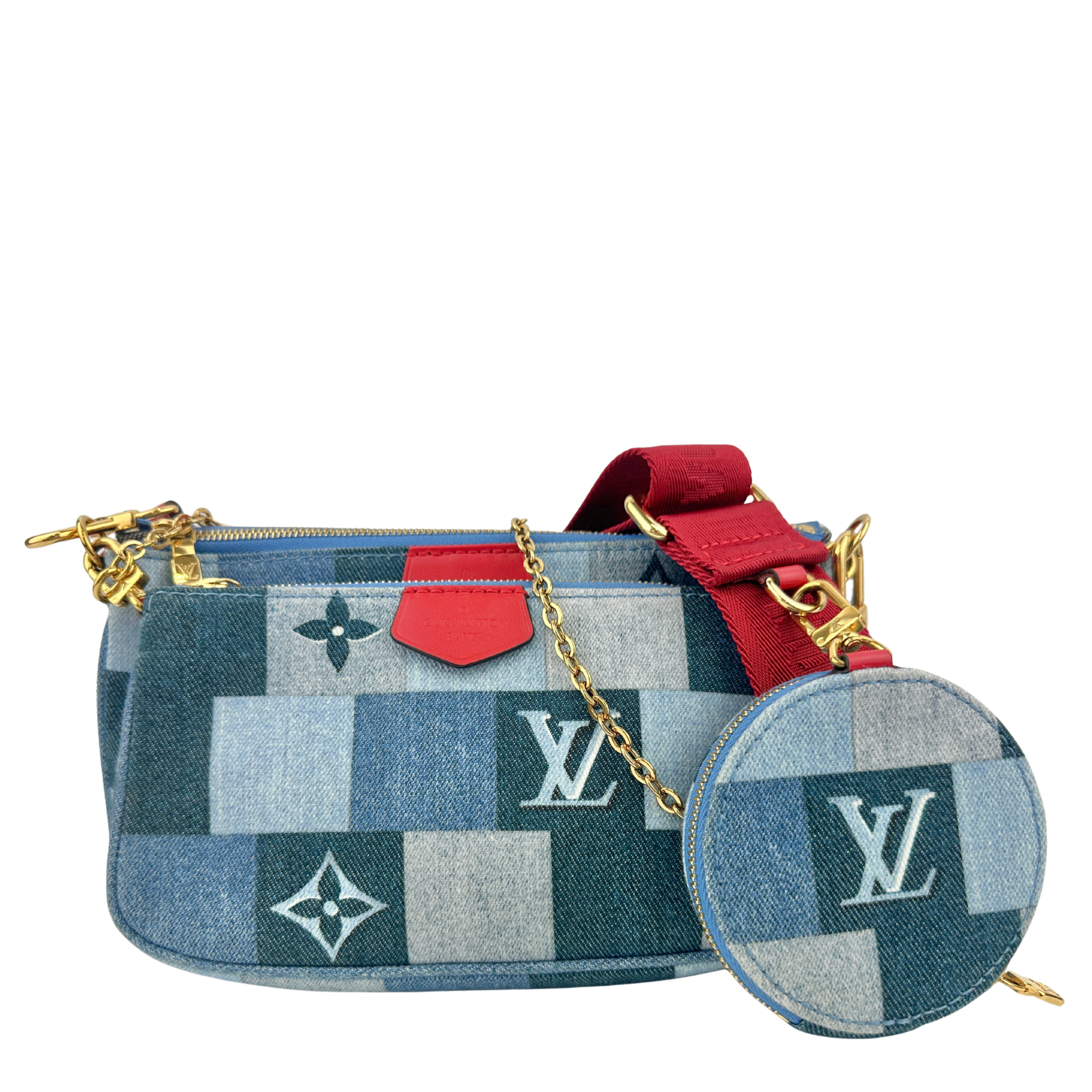 Multi Pochette Accessoires Denim Monogram Patchwork Check Blue/Red