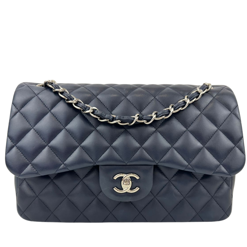 Classic Lambskin Navy Blue Jumbo Double Flap SHW