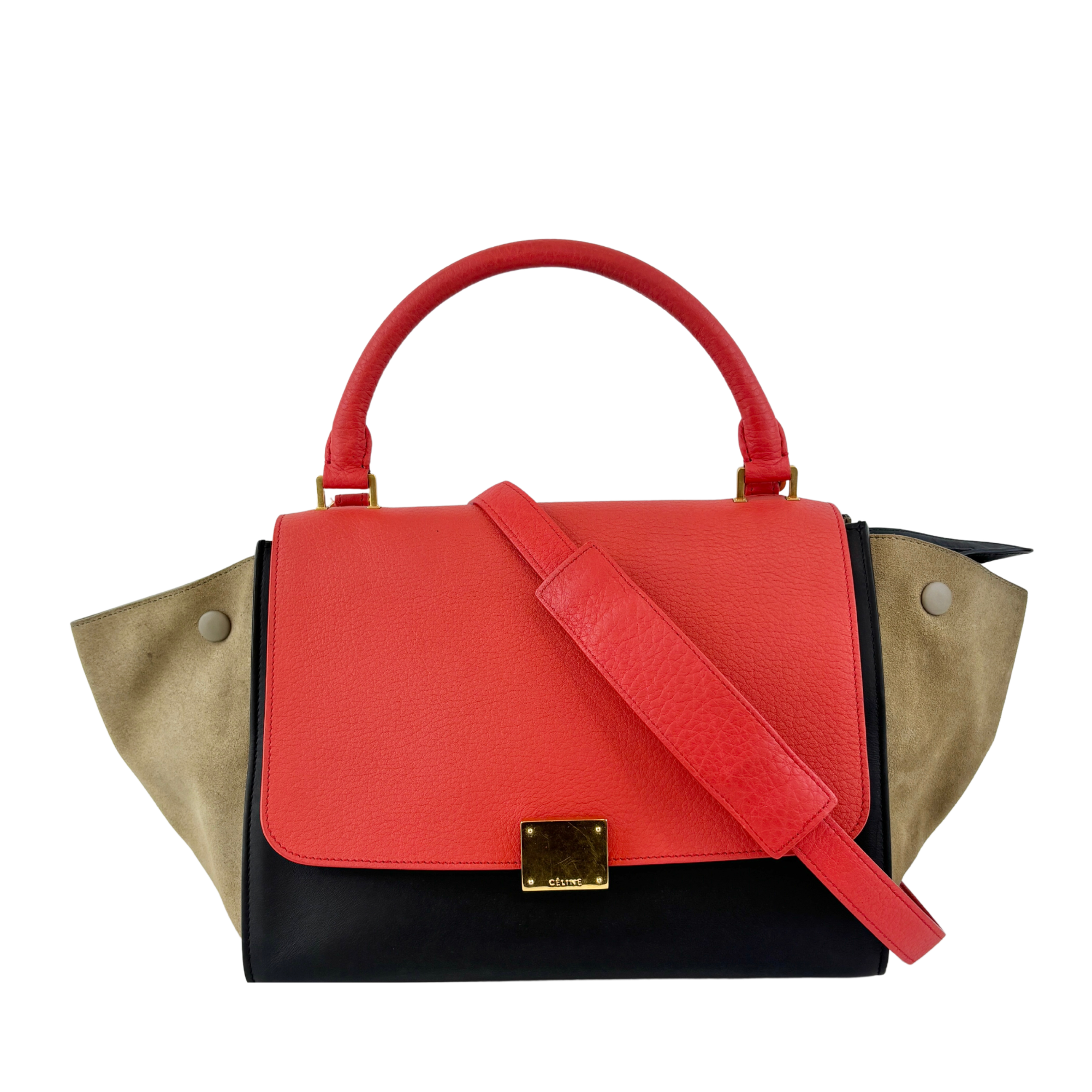 Small Vermillion Red Pebbled Leather and Suede Tri-Color Trapeze Bag