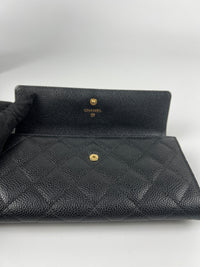 A50096 Classic Quilted Long Flap Wallet Black Caviar GHW