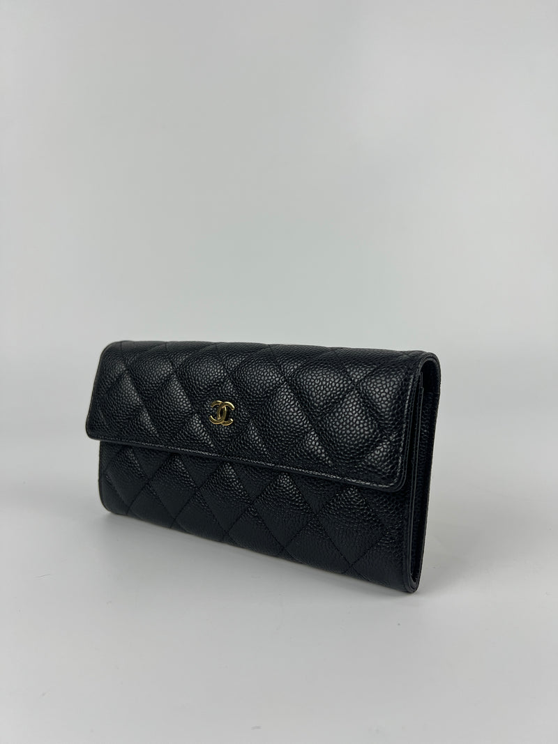 A50096 Classic Quilted Long Flap Wallet Black Caviar GHW