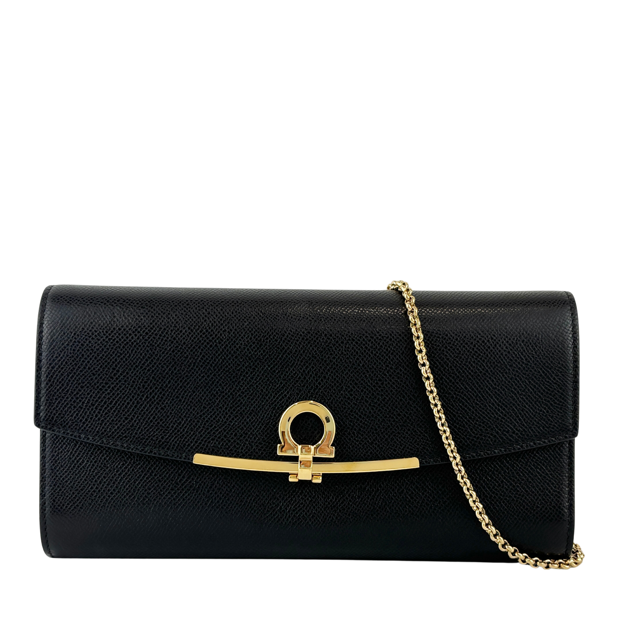 Gancini Clip Clutch with Chain Black Pebble Calf GHW
