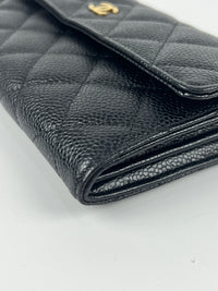 A50096 Classic Quilted Long Flap Wallet Black Caviar GHW