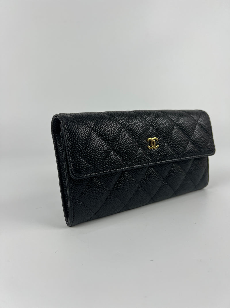 A50096 Classic Quilted Long Flap Wallet Black Caviar GHW