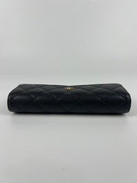 A50096 Classic Quilted Long Flap Wallet Black Caviar GHW